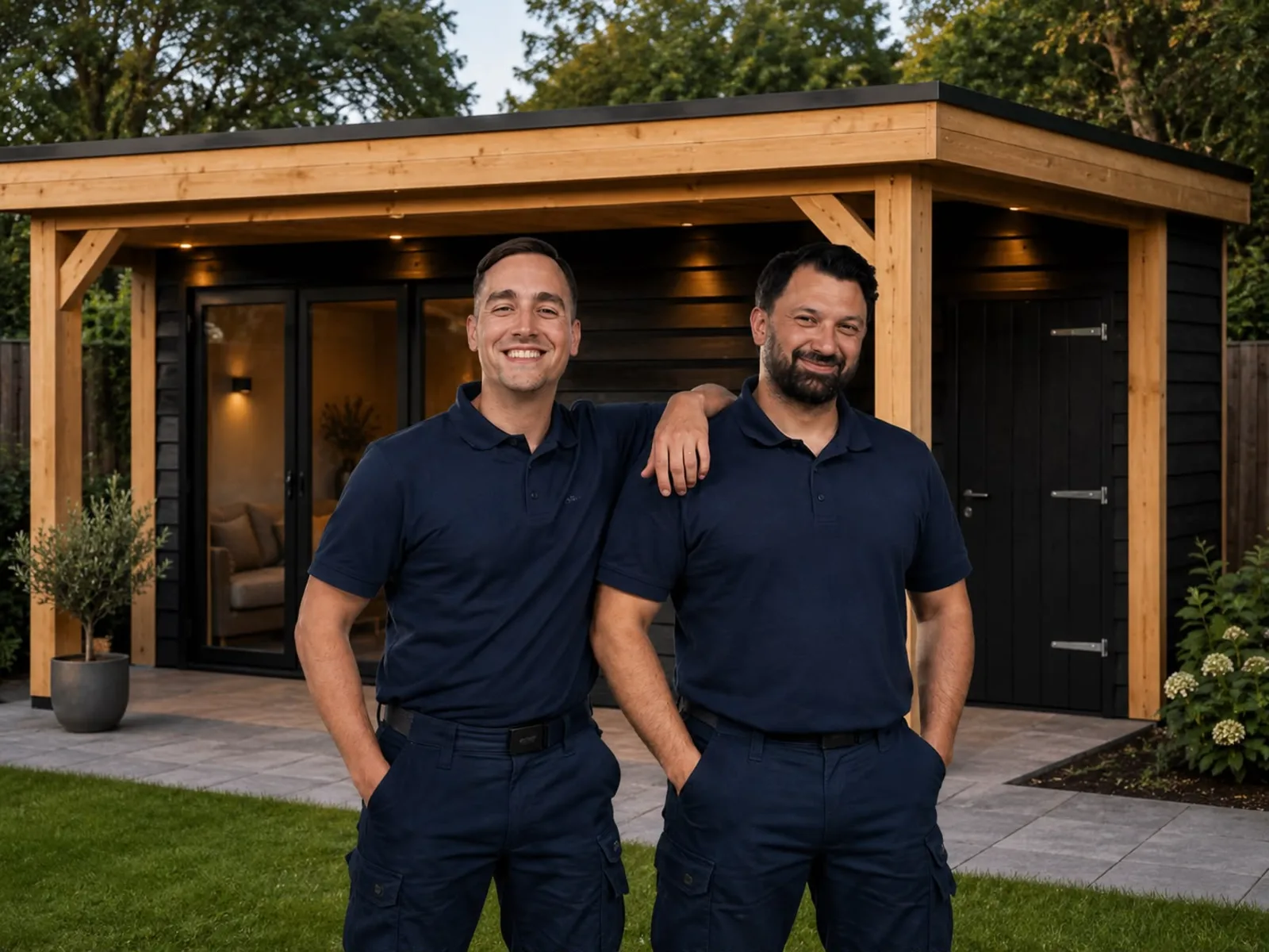 Marcel en Michiel voor een tuinhuis met veranda